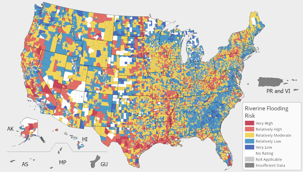 A map of the United States colored by Riverine Flooding Risk Index ratings. Riverine Flooding risk is possible across the United States with concentrated risk in southern Texas and along the Mississippi River and its tributaries. For full results, see the National Risk Index Map webpage.